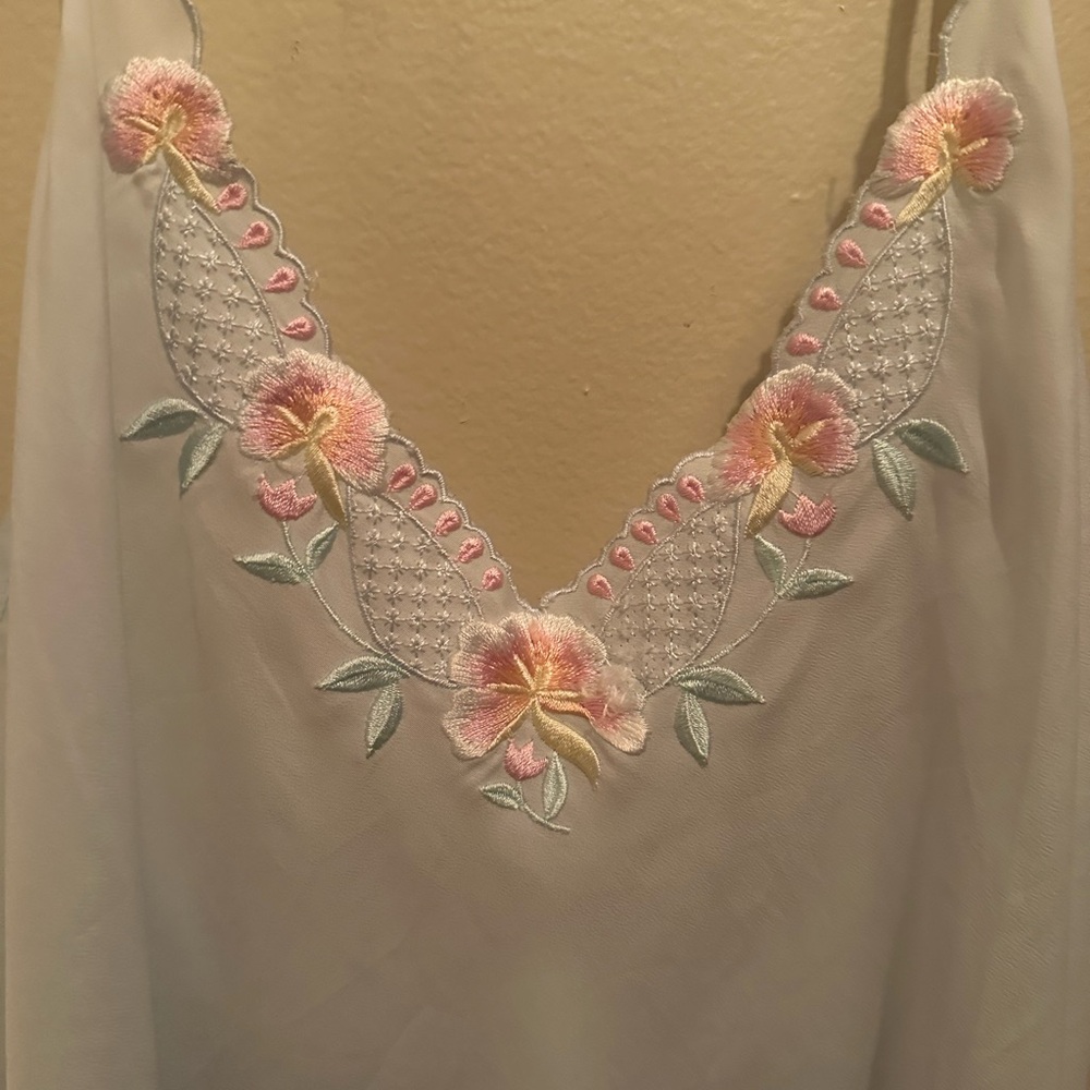 Baby blue satin night slip with floral embroidered detailing